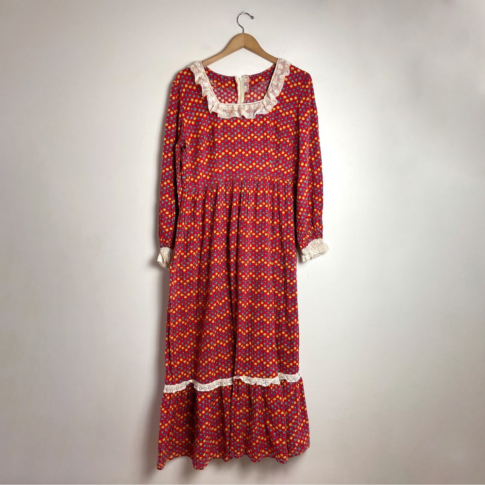 Vintage Handmade Prairie Maxi Dress W/ Bonnet Large Red Floral Lace Cottagecore